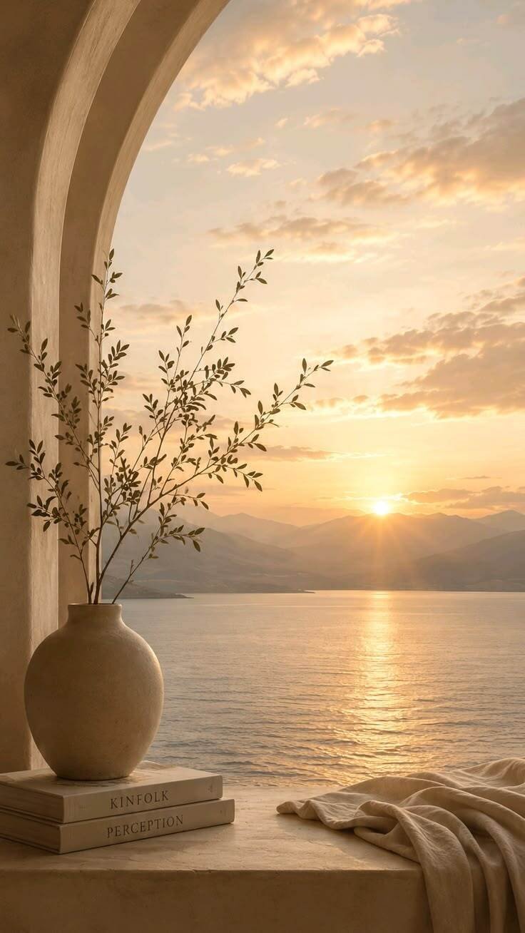 A warm arched window looking out over a calm sea at sunset, with a vase and trailing plant on the ledge